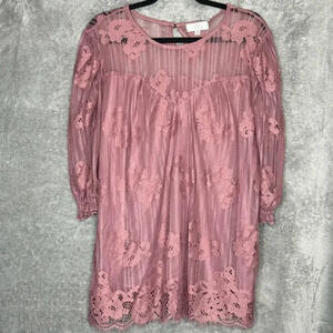 Shannon Ford 1X Shirt Top Pink Floral Flower Lace Short Sleeve Scoop Neck Sheer